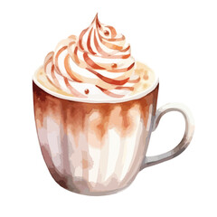 cup of hot cocoa with whipped cream cute watercolors illustration on white background