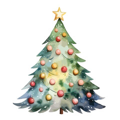 decorated Christmas tree with lights cute watercolors illustration on white background