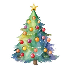 decorated Christmas tree with lights cute watercolors illustration on white background