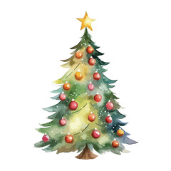 decorated Christmas tree with lights cute watercolors illustration on white background