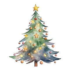 decorated Christmas tree with lights cute watercolors illustration on white background