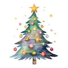 decorated Christmas tree with lights cute watercolors illustration on white background