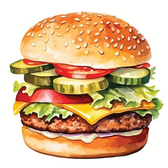 double cheeseburger with all the_topping  cute watercolors illustration on white background