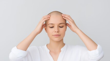 Bald woman in white shirt gently touching her head in a serene indoor setting.