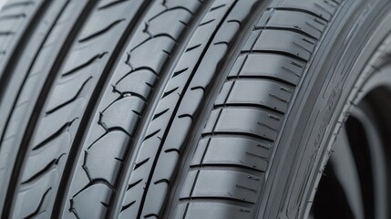 Close-up of a car tire showing detailed tread patterns and grooves for traction and performance.