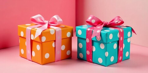 Obraz premium Two vibrant polka dot gift boxes with festive ribbons, colorful, celebration, ribbon
