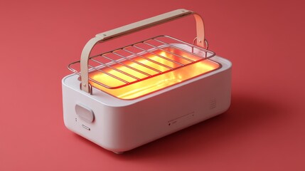 Closeup of a white toaster with glowing red indicator light, modern kitchen appliance