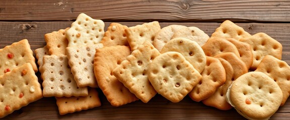 Variety of artisanal crackers arranged on a rustic wooden surface with visible texture, rustic, texture background