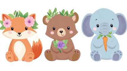 Cute animals; fox, bear, elephant; floral crowns; white background; children's book illustration