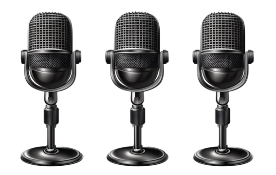 Untitled design - Three microphones, gray in color with a black metal body and a silver mesh pattern on the top, in a vectorized style, on a transparent background
