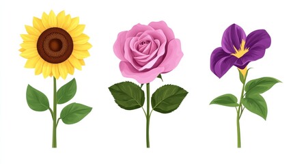 Three vibrant flowers of varied types bloom brightly on white. Illustration usage