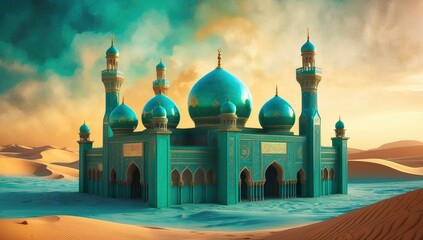 Fototapeta premium A striking teal and gold architectural structure with domes stands nestled among the serene,