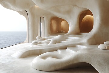 Beige Futuristic Architecture With Steps and Ocean View in Minimalist Style