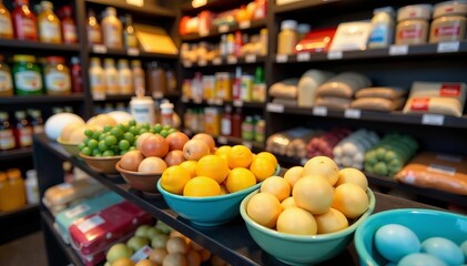 Close-up of products on display in a corner shop in Hornsey, London featuring snacks, drinks, and groceries, drinks, Hornsey, groceries