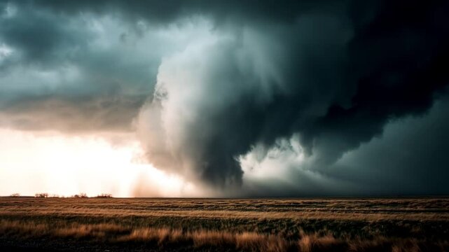 Massive tornado forming over farmland under storm clouds. Ultra slow motion. 4K.
