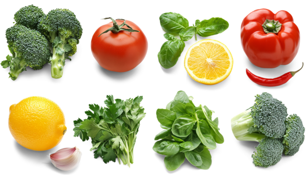 Fresh fruits and vegetables with broccoli, tomato, lemon, oranges, red onion, garlic, parsley, red chili peppers isolated transparent

