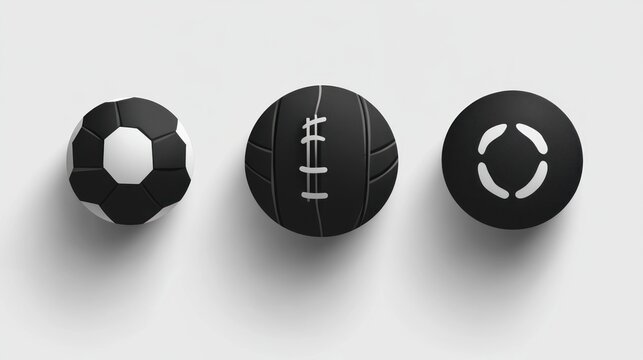 Three monochrome sports balls; soccer, rugby, and unknown; on white background; for sports websites - Powered by Adobe