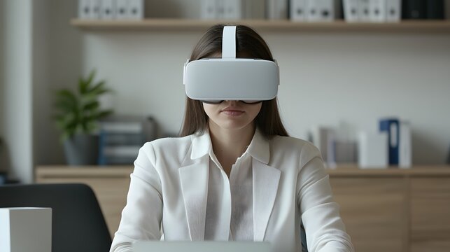 Focused woman engrossed in virtual reality headset.