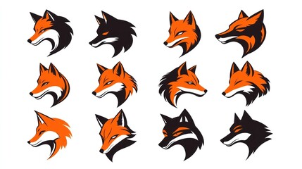Multiple fox head designs, orange, black and white background for stock media