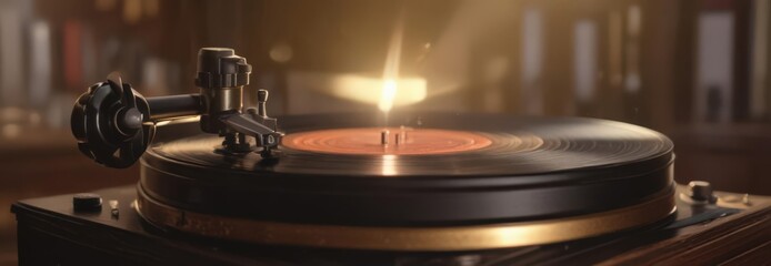 Golden light illuminates a spinning vinyl record on an antique phonograph  , analog, item, texture