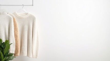 Fototapeta premium Three neutral sweaters on a white rack