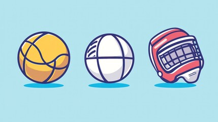 Sports equipment icons basketball, volleyball, hockey helmet