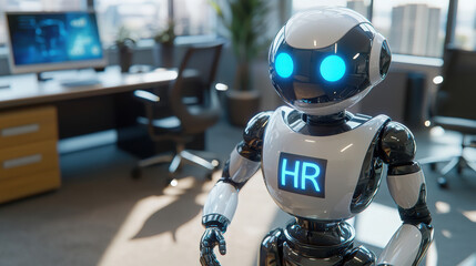 HR robot stands ready to assist in a modern office environment with a bright digital display showing the letters "HR" on its chest showing technological advancement.