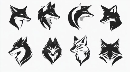 Eight fox head silhouettes; design elements; white background; logo, branding