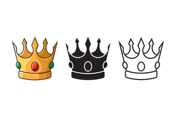 Gold, Black, and Outline Crown Icons with Detailed Jewel Decorations