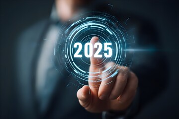 A businessman touches a digital target symbol with "2025", symbolizing strategic goal setting for the future. Business plan target strategy, Planning and challenge business strategy in new year