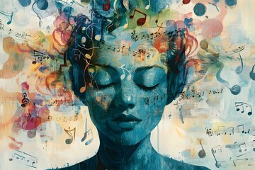 Colorful Abstract Art of Woman with Closed Eyes and Musical Notes &ndash; Emotional Expression Through Music and Imagination