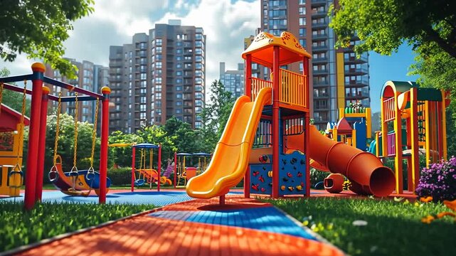 Vibrant Playground in Modern City Setting: A Joyful Scene of Child's Play and Urban Landscape