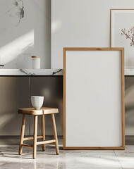 Blank frame mockup gently leaning toward a beige wall within a pure minimalist design