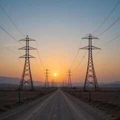 Majestic Sunrise Over Al Hofuf: High Voltage Power Lines in Saudi Arabia