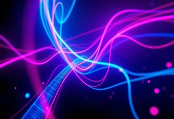 Abstract neon blue and pink digital data streams and glowing light trails flow across a dark background , tech, digital