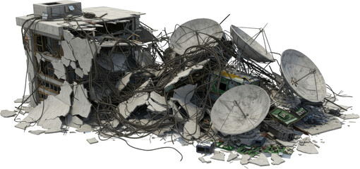 Destroyed Building Debris with Satellite Dishes and Wires Post Disaster Scene