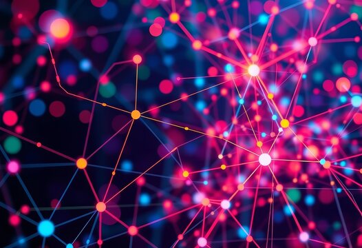 Abstract network nodes and connections, vibrant color scheme, social, science