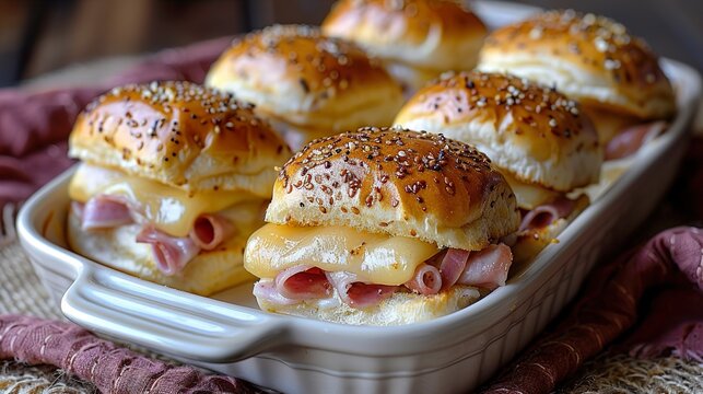 Hawaiian Ham and Swiss Sliders in Casserole Dish  HD 8K wallpaper Photographic Image