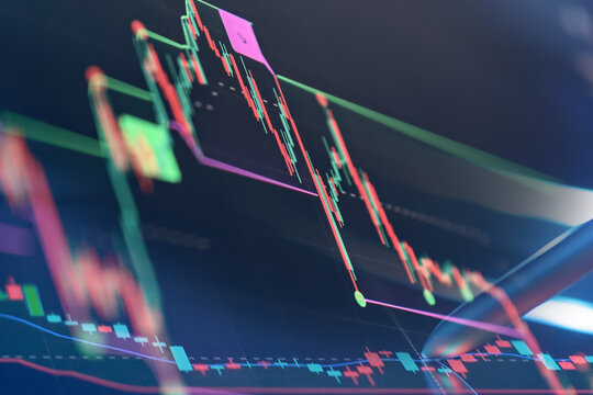 candlestick trading chart with a pen pointing at a steep downtrend