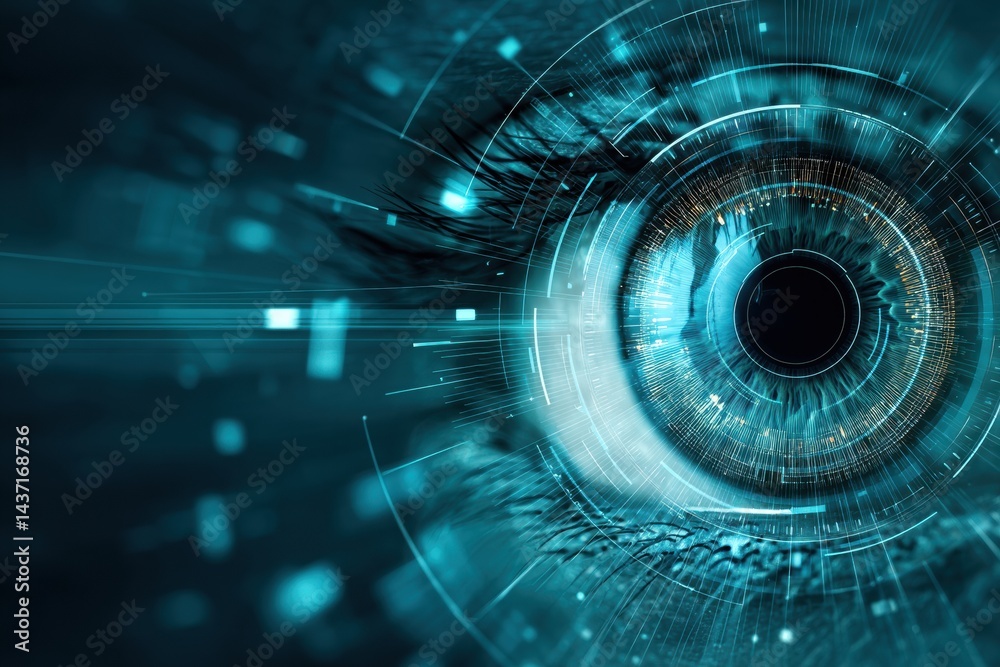 Poster futuristic cybernetic eye scans a digital landscape for information in a high-tech setting