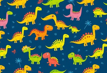 Obraz premium Seamless pattern featuring silly cartoon dinosaurs in vibrant colors, with ample empty space for design use, child, reptile