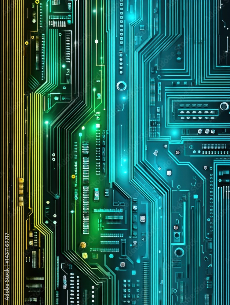 Poster Minimal Computer Circuit Board Design in Luminous Blue and Green Neon Colors With Intricate Patterns and Details