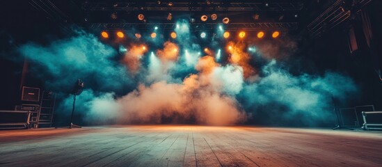 Stage ambiance with atmospheric fog and captivating lighting arrangement