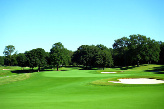golf course with green grass and trees in the background
