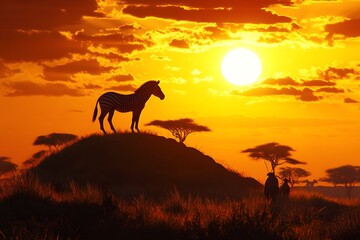 Zebra silhouette against a bright orange sunset in the african savanna landscape view