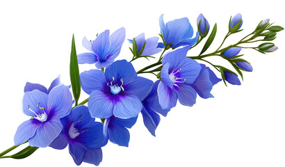 Fototapeta premium Delicate Arrangement of Vibrant Blue Flowers with Green Leaves on Transparent Background