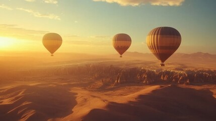Obraz premium A magical golden hour shot of hot air balloons drifting peacefully over the desert landscape, with negative space for text.