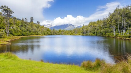 Mirror Lake Serenity: A tranquil lake reflects the vast blue sky and fluffy clouds, embraced by lush green forests and rolling hills, creating a peaceful and scenic vista. 