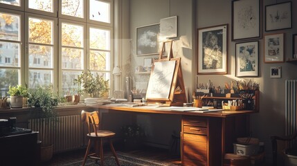 Sunny artist's studio, autumn light, city view, creative workspace