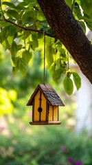 a yellow and brown birdhouse hanging from a tree